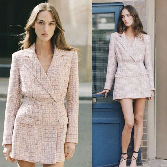 Self-Portrait Dresses & Skirts - Self-Portrait Tweed Boucle Mini Dress Pink Gold Sequin Long Sleeve Suit Blazer 8